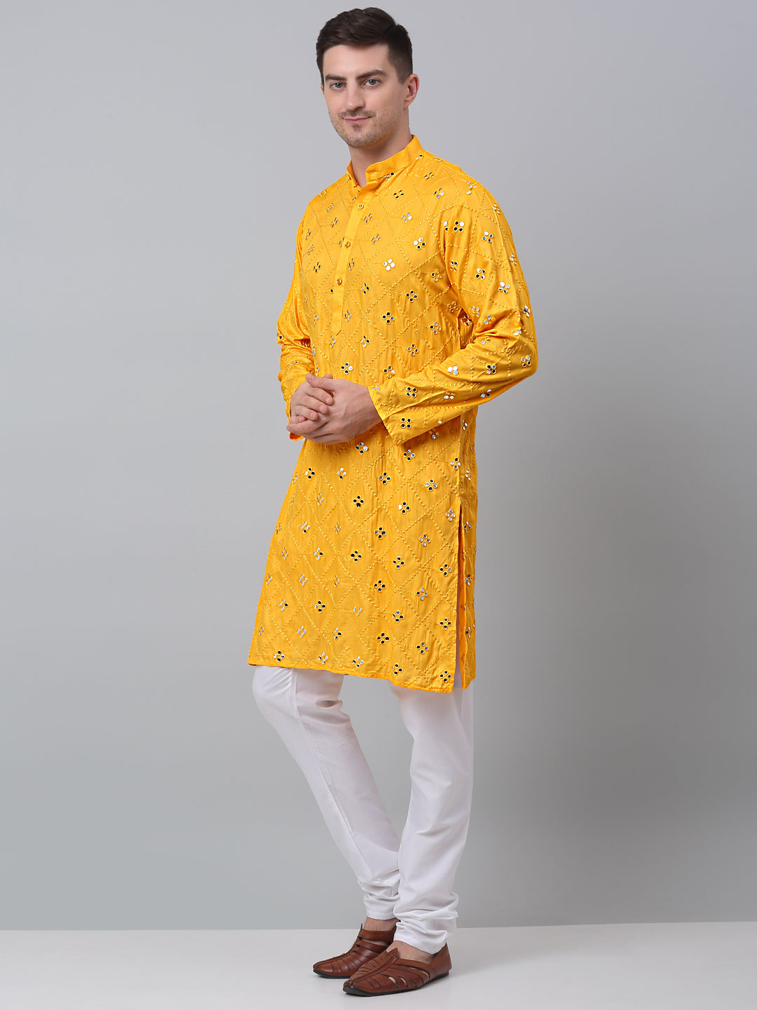 Yellow Embroidered Mens Kurta Pajama Set | Cotton Kurta Pajama