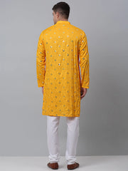 Men's Yellow Embroidered Mirror Work Kurta Pyjama
