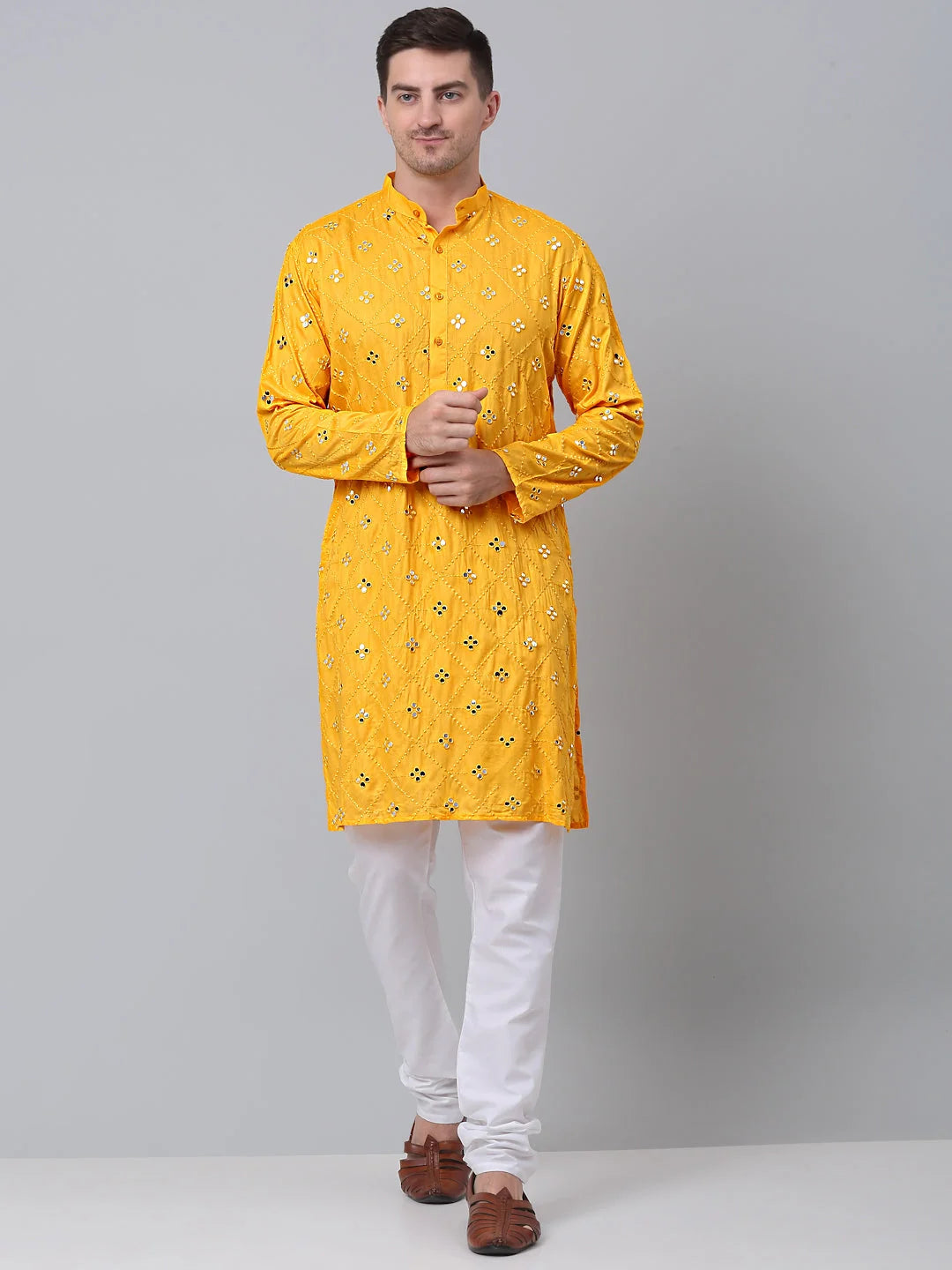 Yellow Embroidered Mens Kurta Pajama Set | Cotton Kurta Pajama