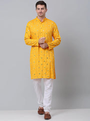 Men's Yellow Embroidered Mirror Work Kurta Pyjama
