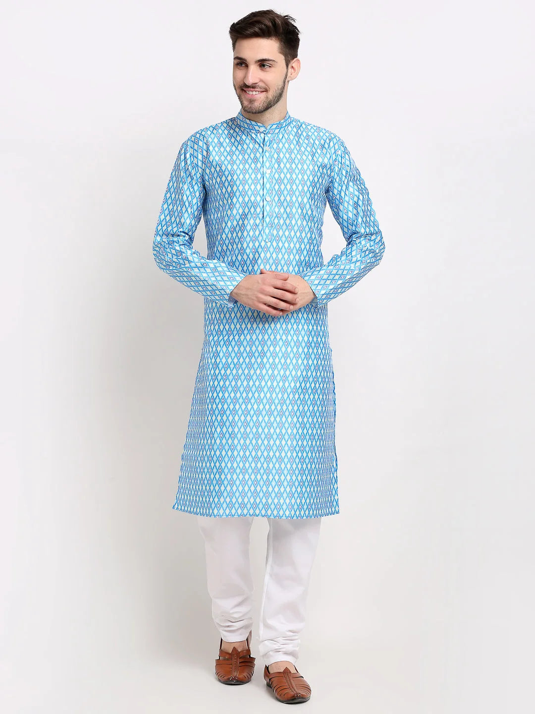 Sky Blue Ikkat Kurta Pajama Set | Mens Kurta Pajama Online