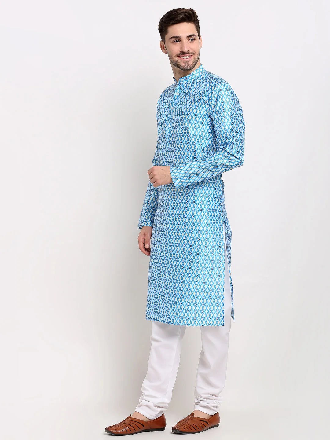 Sky Blue Ikkat Kurta Pajama Set | Mens Kurta Pajama Online
