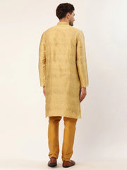 DesiQlo Men's Beige Coller Embroidered Woven Design Kurta Pyjama ( JOKP 649 Beige )
