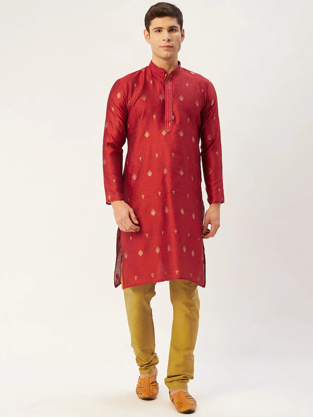 Maroon Embroidered Kurta Pajama Set - Mens Kurta Pajama Set