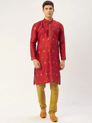 Men's Maroon Coller Embroidered Woven Design Kurta Only