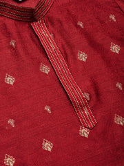 Men's Maroon Coller Embroidered Woven Design Kurta Pyjama