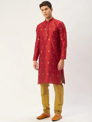 Men's Maroon Coller Embroidered Woven Design Kurta Pyjama