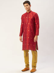 Men's Maroon Coller Embroidered Woven Design Kurta Only