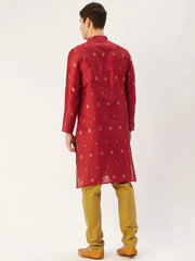 Men's Maroon Coller Embroidered Woven Design Kurta Only