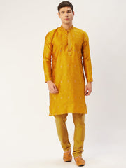 Men's Mustard Coller Embroidered Woven Design Kurta Only