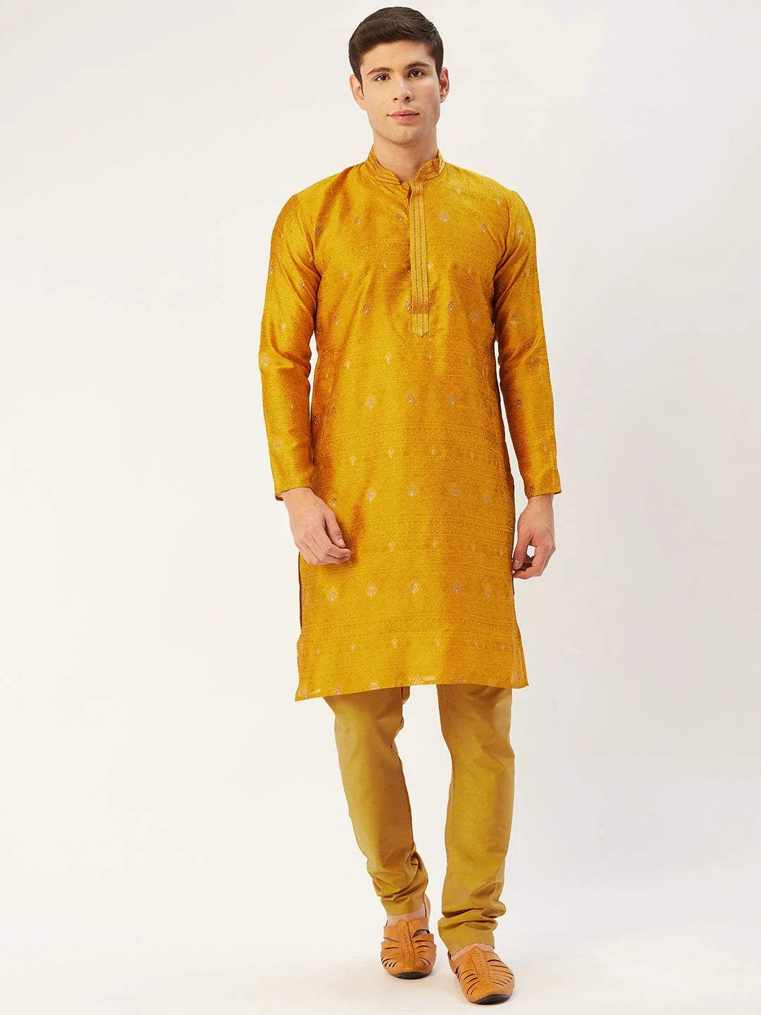 Mustard Embroidered Kurta Pajama Set - Mens Kurta Pajama