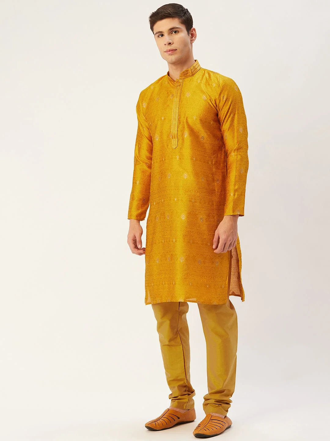 Mustard Embroidered Kurta Pajama Set - Mens Kurta Pajama
