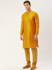Men's Mustard Coller Embroidered Woven Design Kurta Pyjama