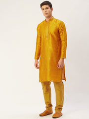 Men's Mustard Coller Embroidered Woven Design Kurta Only