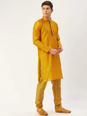 Men's Mustard Coller Embroidered Woven Design Kurta Pyjama