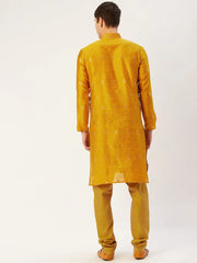 Men's Mustard Coller Embroidered Woven Design Kurta Pyjama