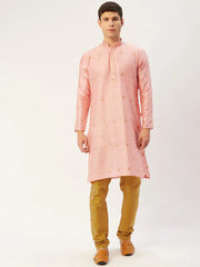 Men's Pink Coller Embroidered Woven Design Kurta Only