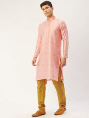 Men's Pink Coller Embroidered Woven Design Kurta Only