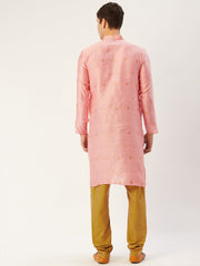 Men's Pink Coller Embroidered Woven Design Kurta Pyjama