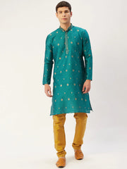 Men's Teal Coller Embroidered Woven Design Kurta Only