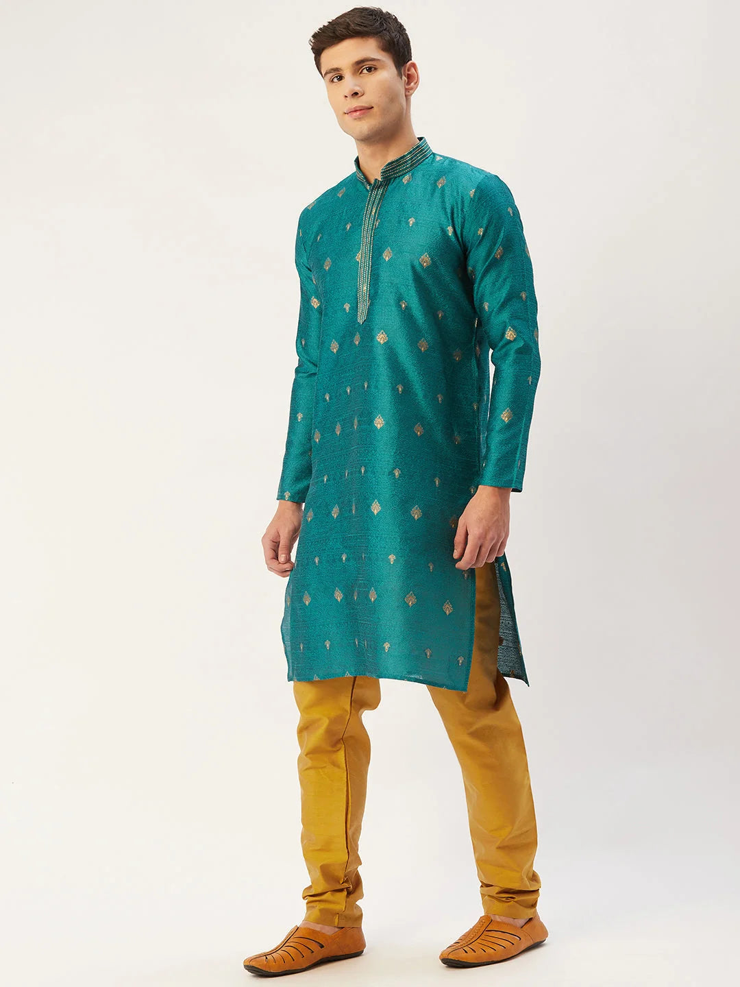 Teal Embroidered Indian Kurta for Men | Silk Kurta