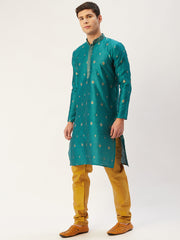 Men's Teal Coller Embroidered Woven Design Kurta Only