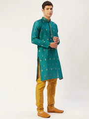 Men's Teal Coller Embroidered Woven Design Kurta Pyjama