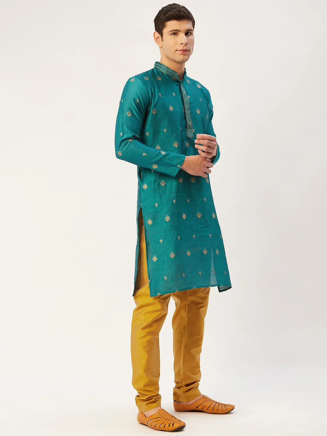 Teal Embroidered Indian Kurta for Men | Silk Kurta