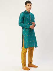 Men's Teal Coller Embroidered Woven Design Kurta Only