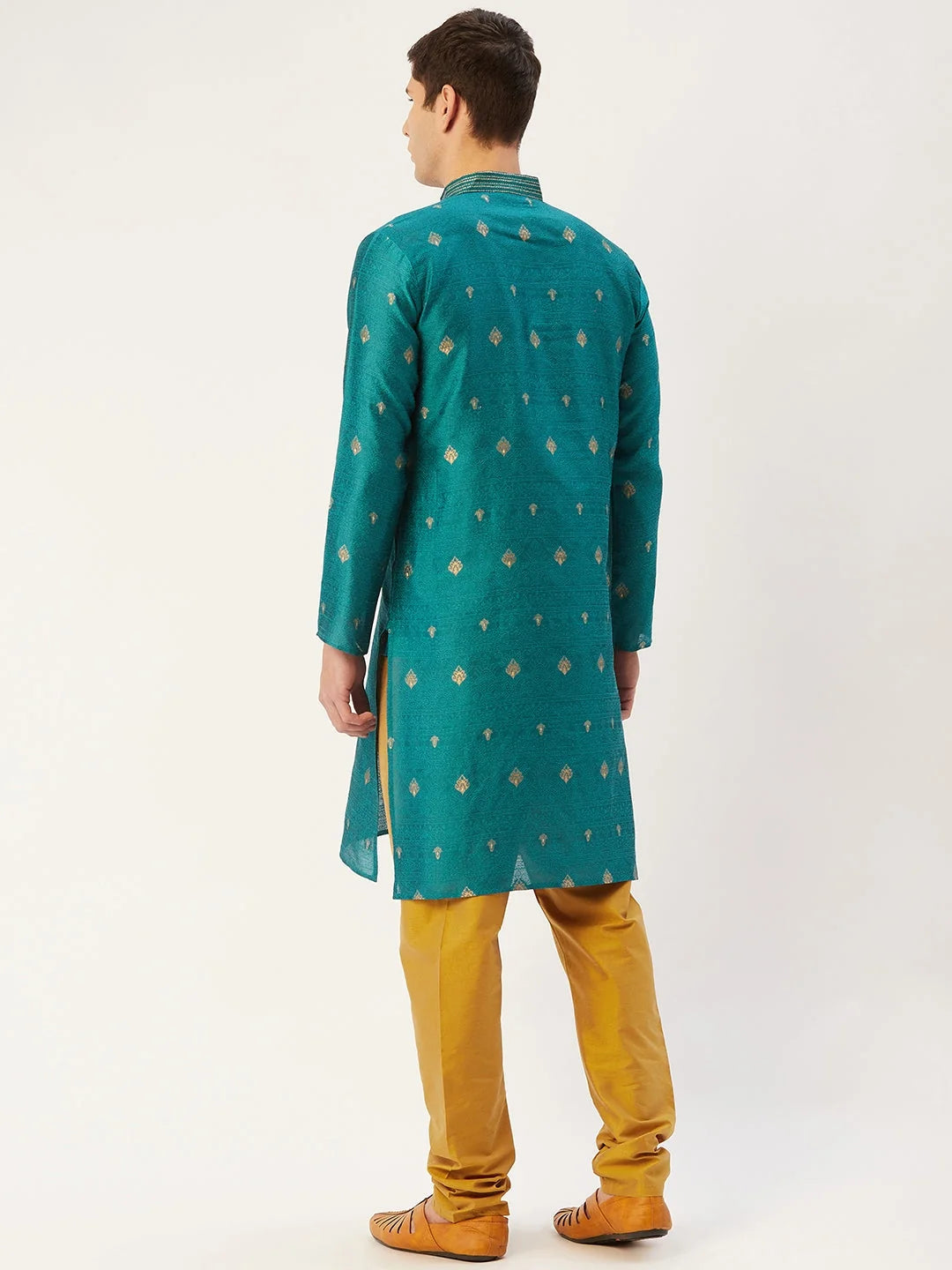 Teal Embroidered Mens Kurta Pajama Set - Woven Design