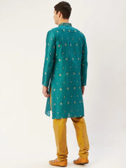 Men's Teal Coller Embroidered Woven Design Kurta Pyjama