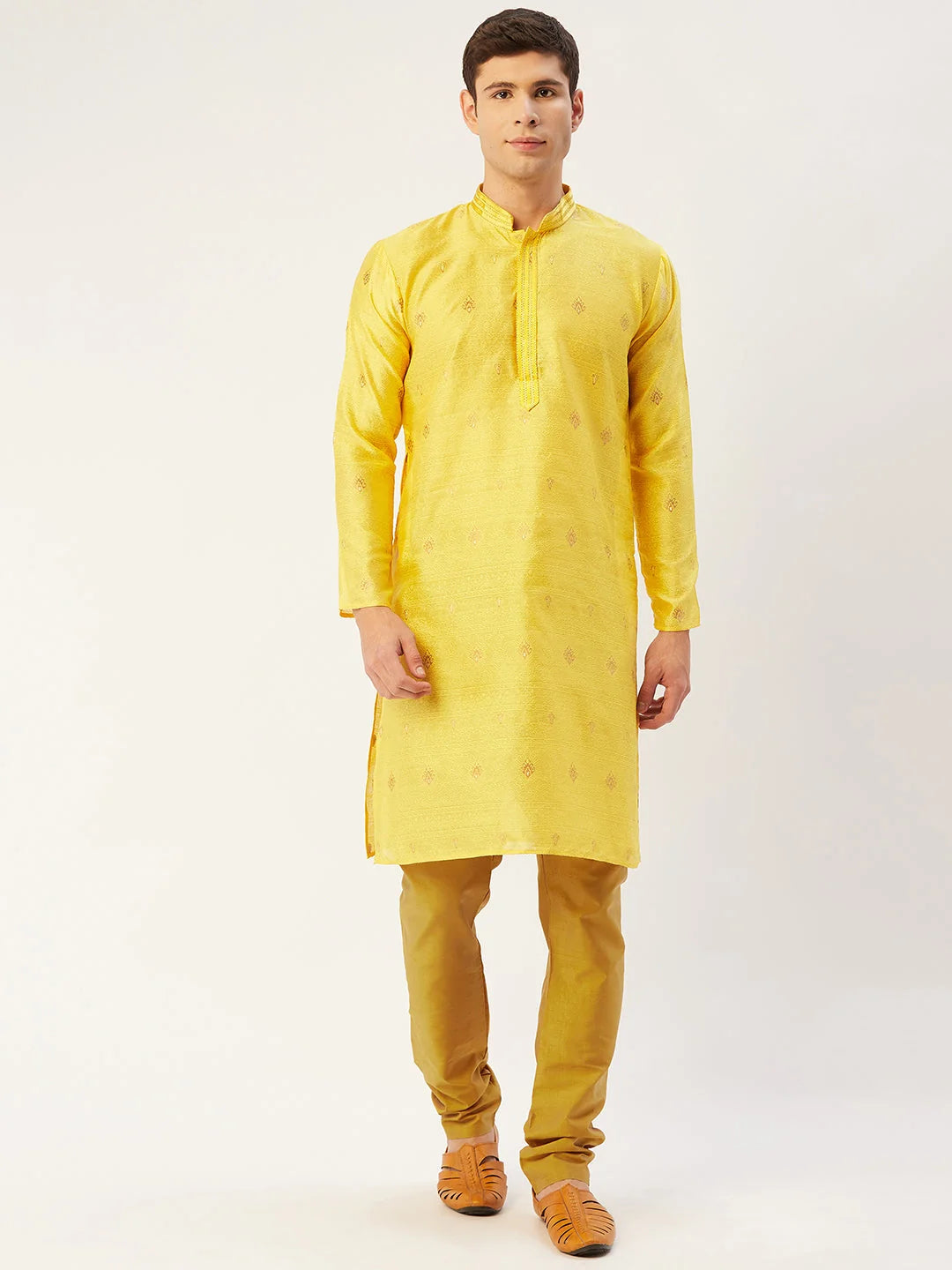 Yellow Embroidered Woven Design Silk Kurta for Men | Shop Now