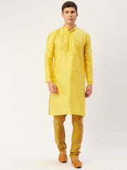 Men's Yellow Coller Embroidered Woven Design Kurta Only