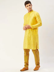 Men's Yellow Coller Embroidered Woven Design Kurta Only