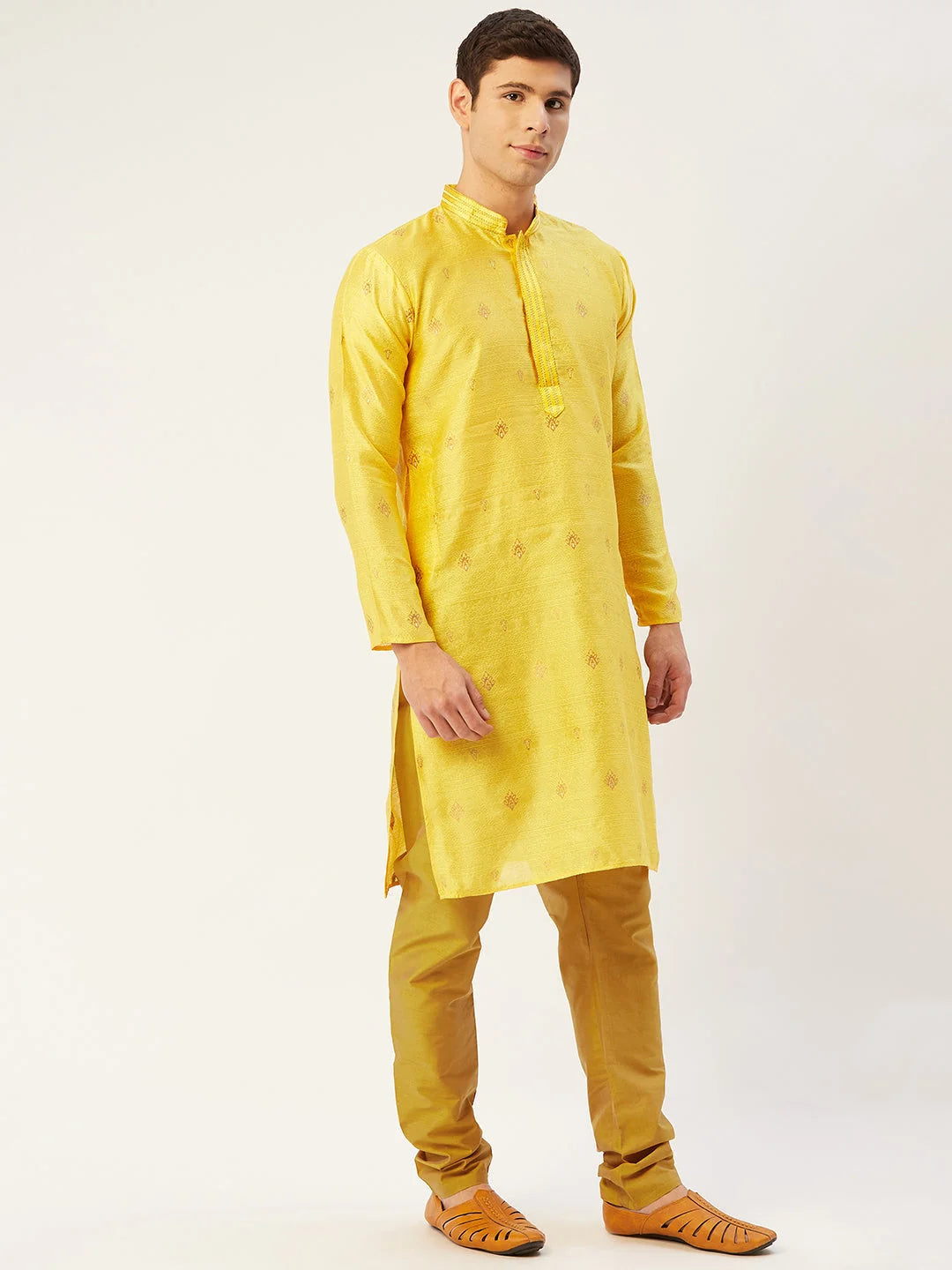 Yellow Embroidered Woven Design Silk Kurta for Men | Shop Now