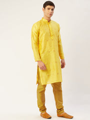 Men's Yellow Coller Embroidered Woven Design Kurta Only
