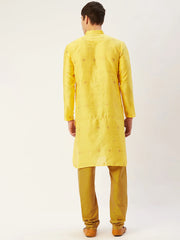 Men's Yellow Coller Embroidered Woven Design Kurta Pyjama