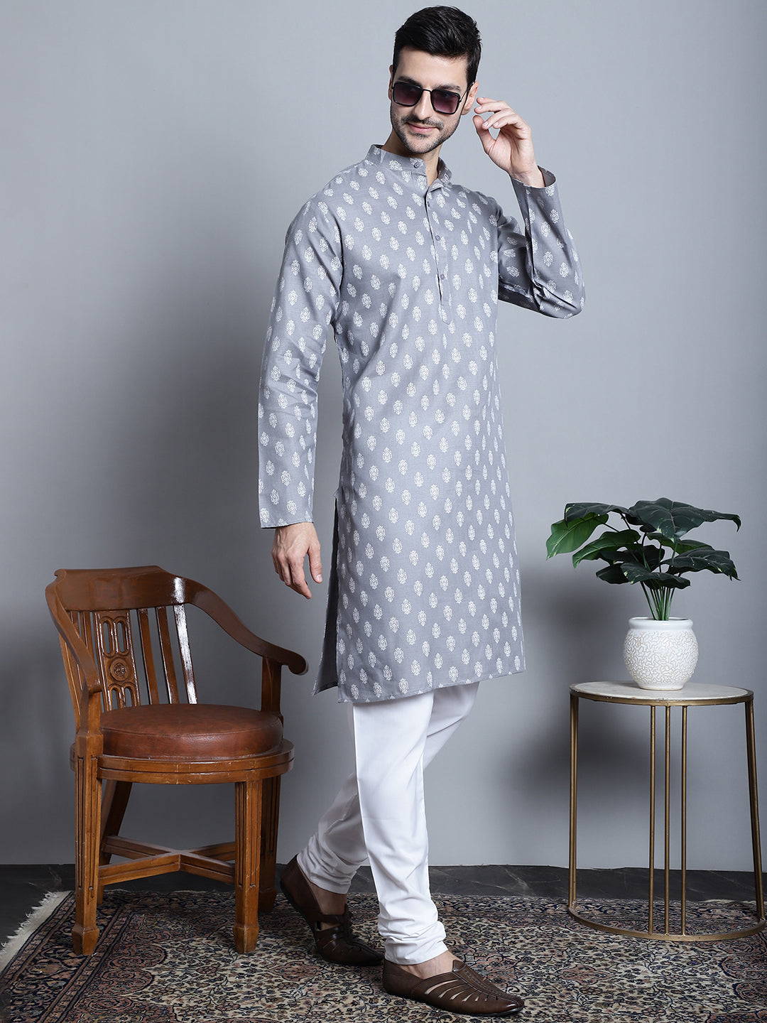 Men's Cotton Floral Kurta Pajama Set | Ethnic Style