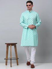 Men's Green Cotton Floral printed kurta Pyjama Set