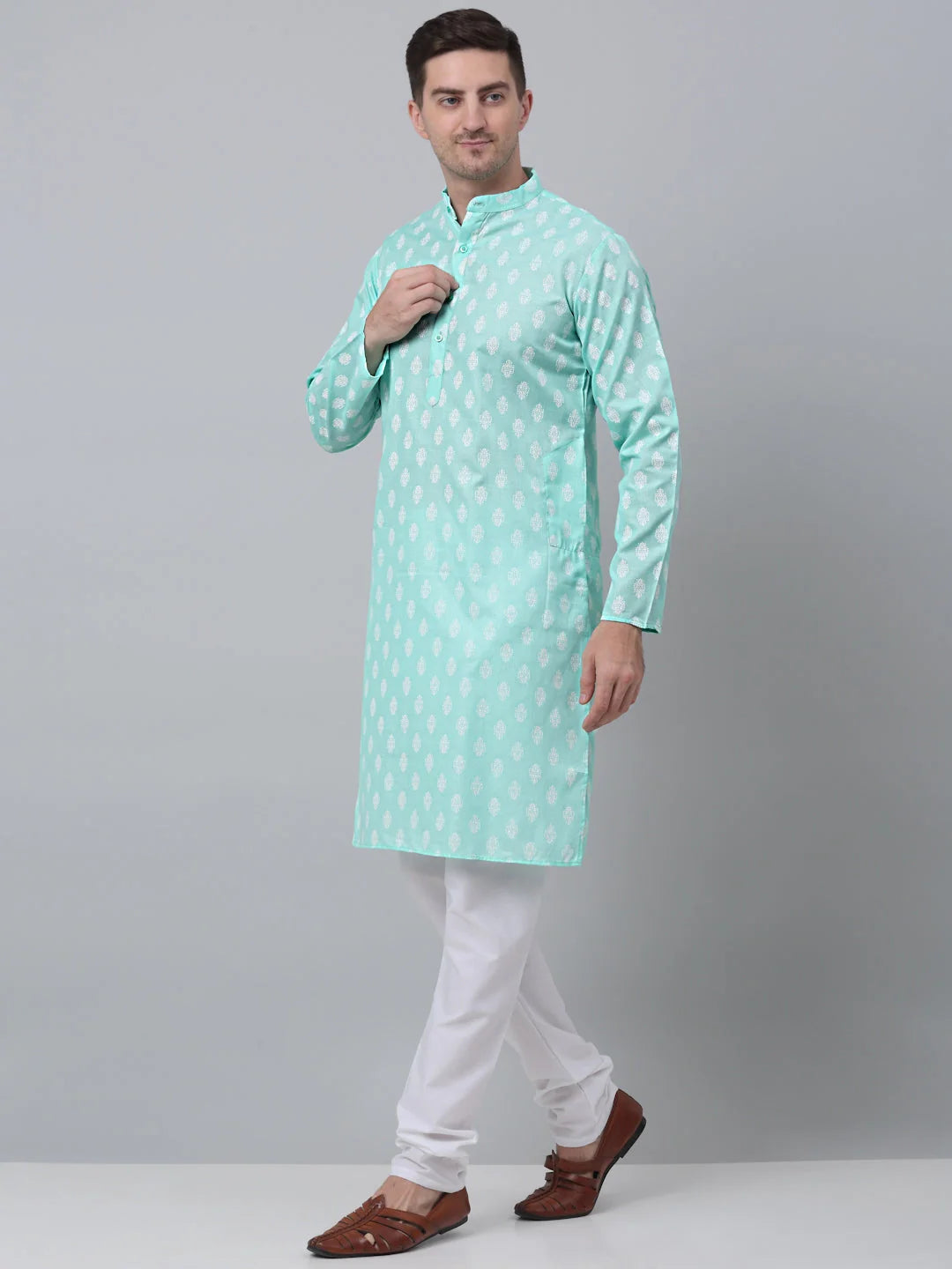 Green Floral Cotton Kurta Pajama Set for Men | Mens Kurta Pajama