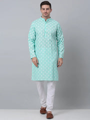 Men's Green Cotton Floral printed kurta Pyjama Set