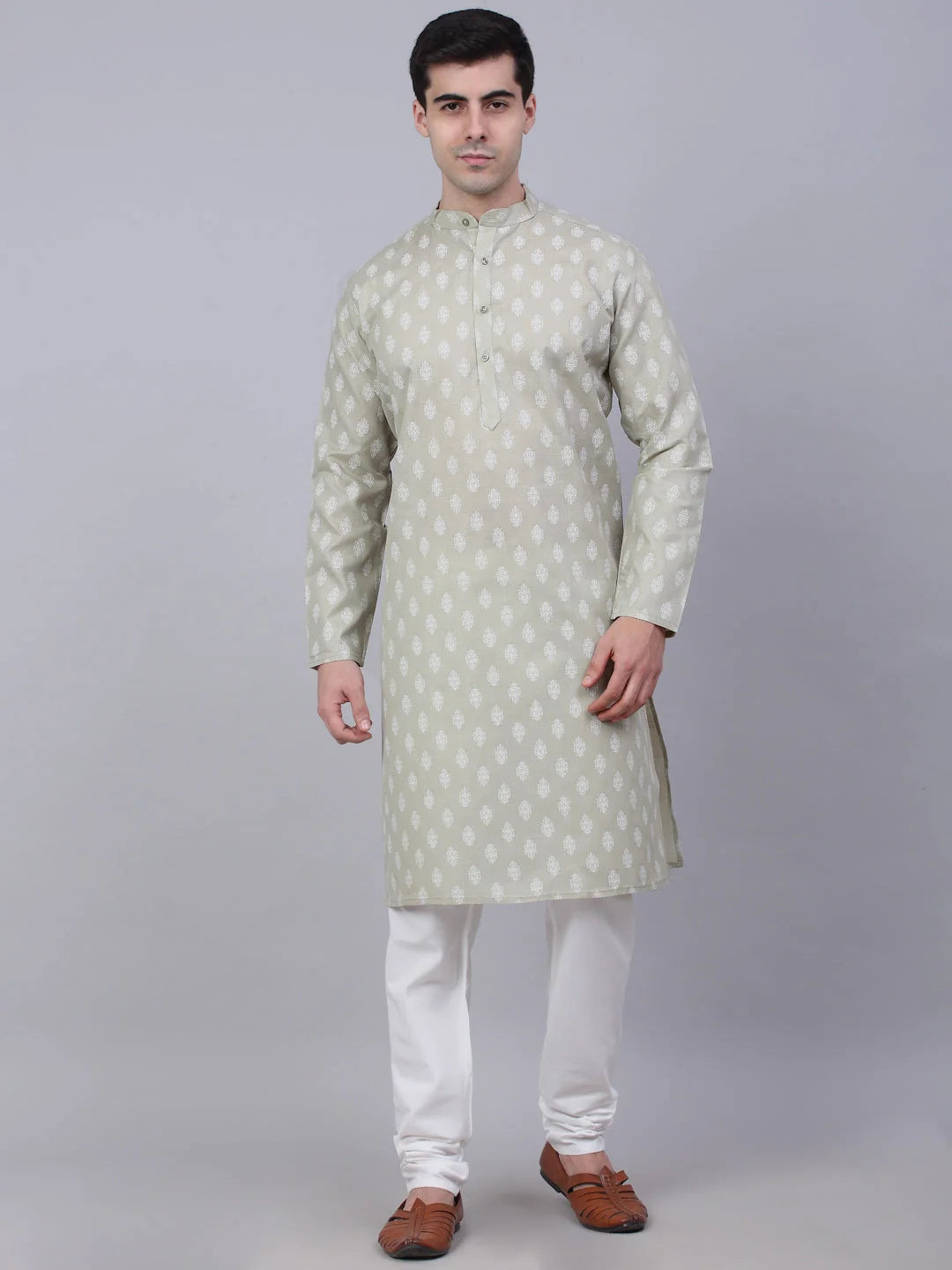 Grey Floral Cotton Mens Kurta Pajama Set | Traditional Outfit