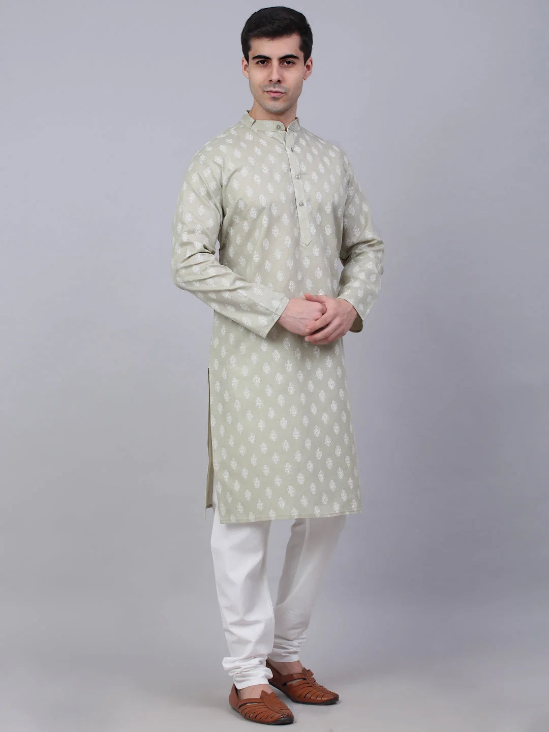 Grey Floral Cotton Mens Kurta Pajama Set | Traditional Outfit