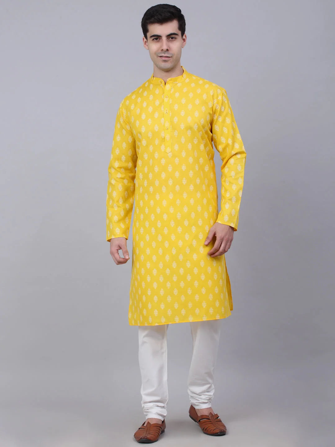 Lemon Floral Cotton Mens Kurta Pajama Set | Ethnic Wear