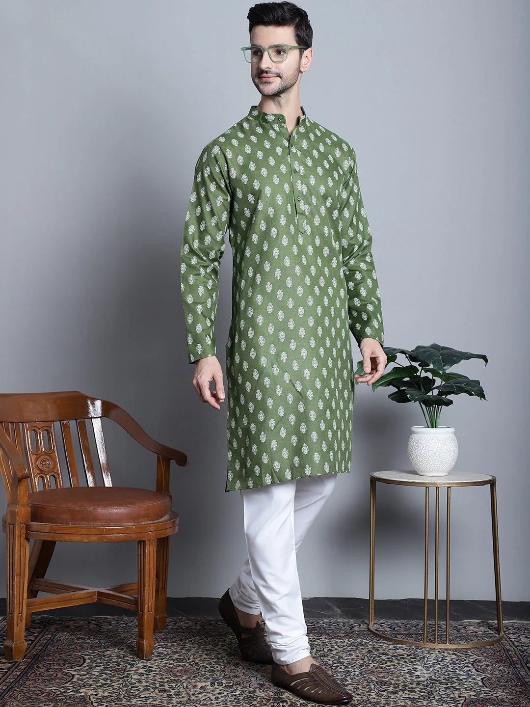 Men's Cotton Floral Printed Kurta Pajama Set | Ethnic Style