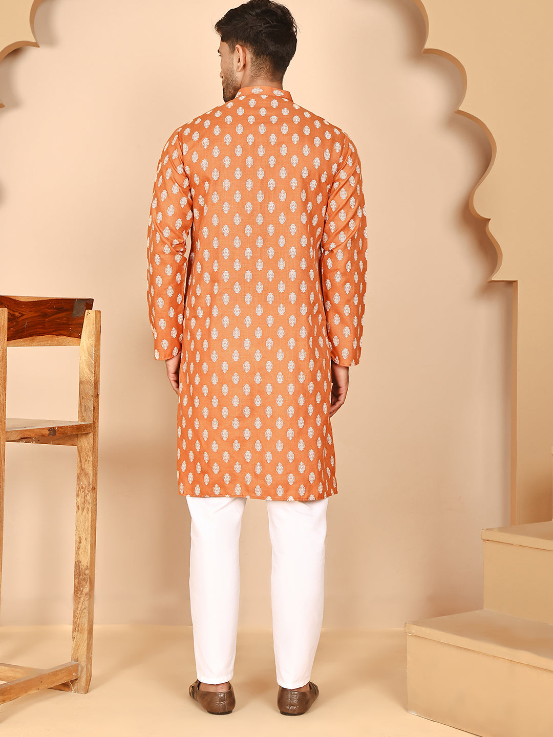 DesiQlo Men Printed Kurta Pyjama Set - Orange - JOKP_P_650Orange_S