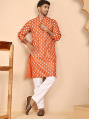 Floral Printed Kurta with Churidar for Men (JOKP P 650 Orange ) [FF] [Q-1-6]