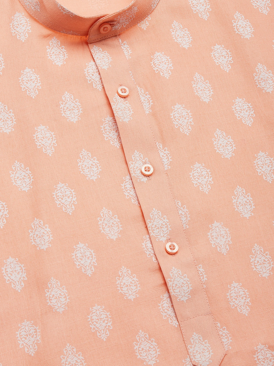 Peach Cotton Mens Kurta | Floral Printed Indian Kurta for Men