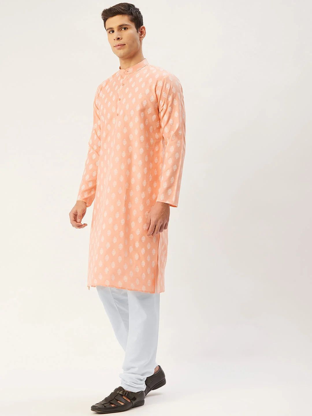Peach Cotton Mens Kurta | Floral Printed Indian Kurta for Men