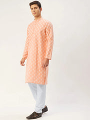 Men's Peach Cotton Floral printed kurta Pyjama Set